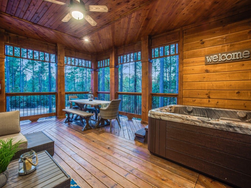 Relaxing in the cabin's hot tub after a day of exploring